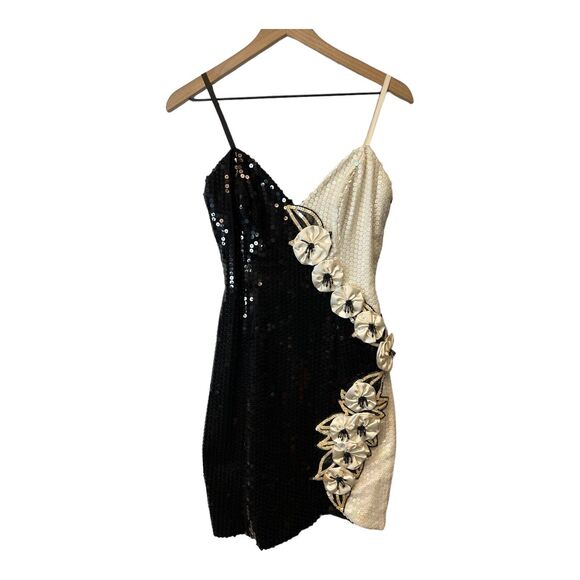 Vintage 80s Alyce Design Prom Sequin Cocktail Dress Black White Cruella de Vil 8 - Picture 5 of 16